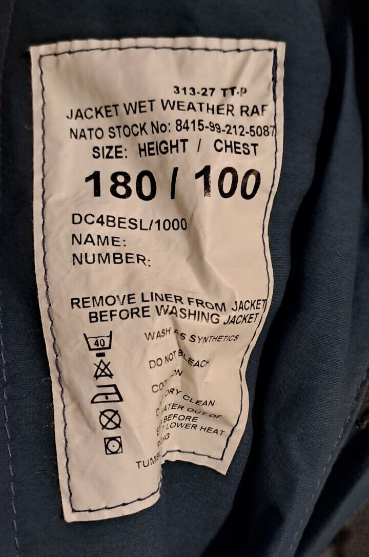 GENUINE BRITISH RAF WET WEATHER WATERPROOF BLUE JACKET COAT & LINER - 180/100
