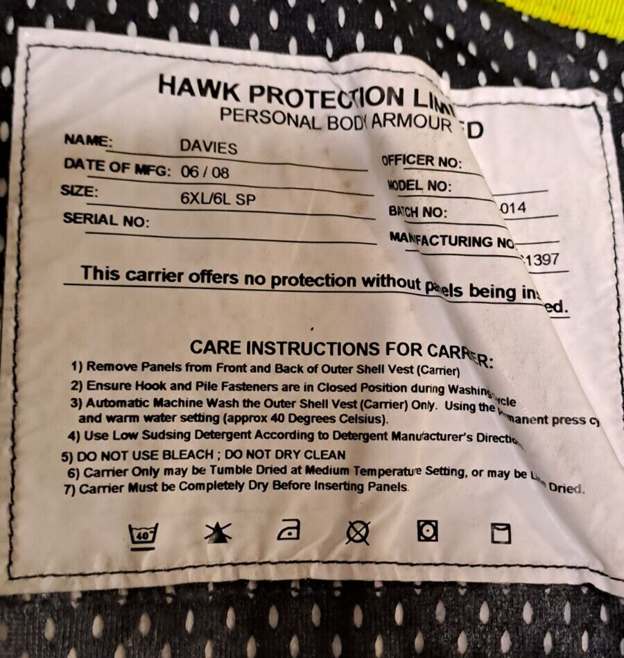 Genuine Ex Police Hawk Protection Body Armour Vest Ballistic Hi Viz - Medium