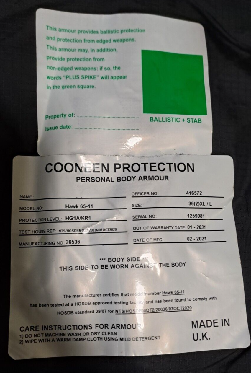 Genuine Ex Police Cooneen Protection Body Armour Vest Ballistic Hi Viz