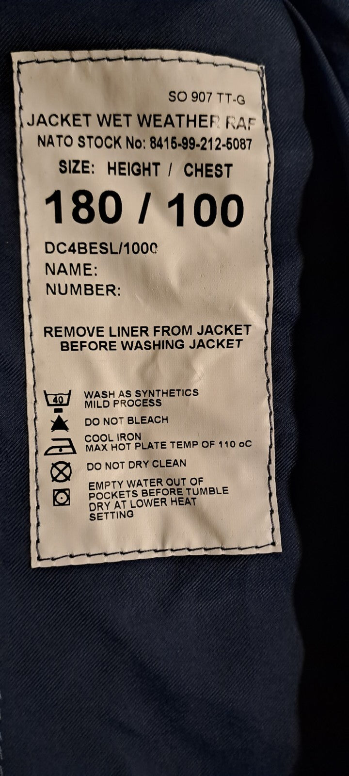 GENUINE BRITISH RAF WET - WEATHER WATERPROOF BLUE JACKET COAT & LINER - 180/100