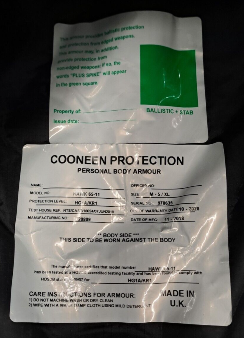 Genuine Ex Police Cooneen Protection Body Armour Vest Ballistic Hi Viz - XL