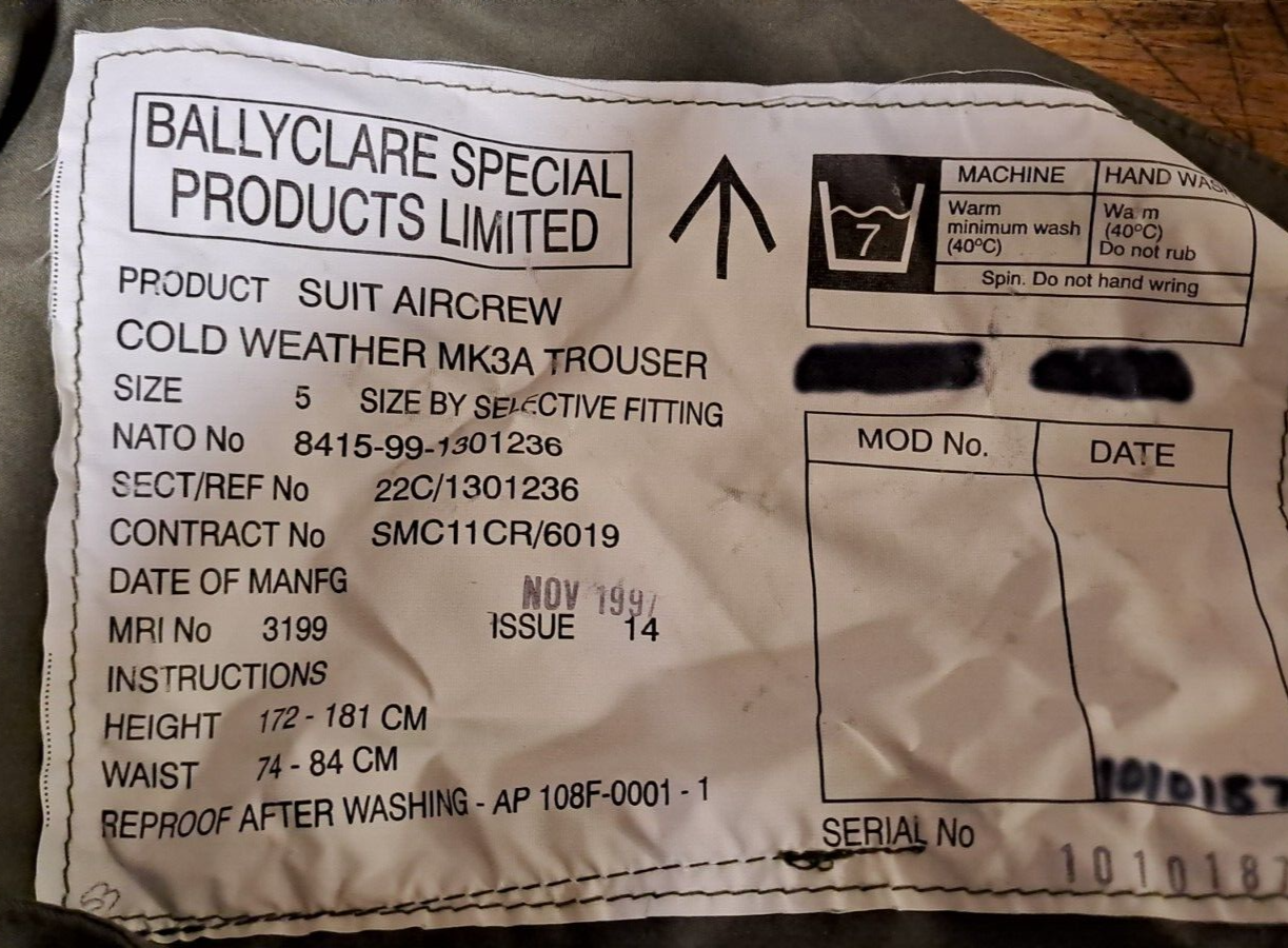 British Military RAF Surplus MK3-A Cold Weather Aircrew Fighter Pilots Trousers