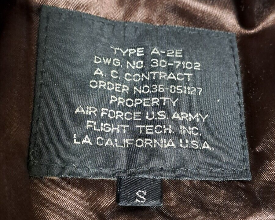Genuine US Air Force Flight Tech Type A-2E Brown Leather Bomber Jacket - Small