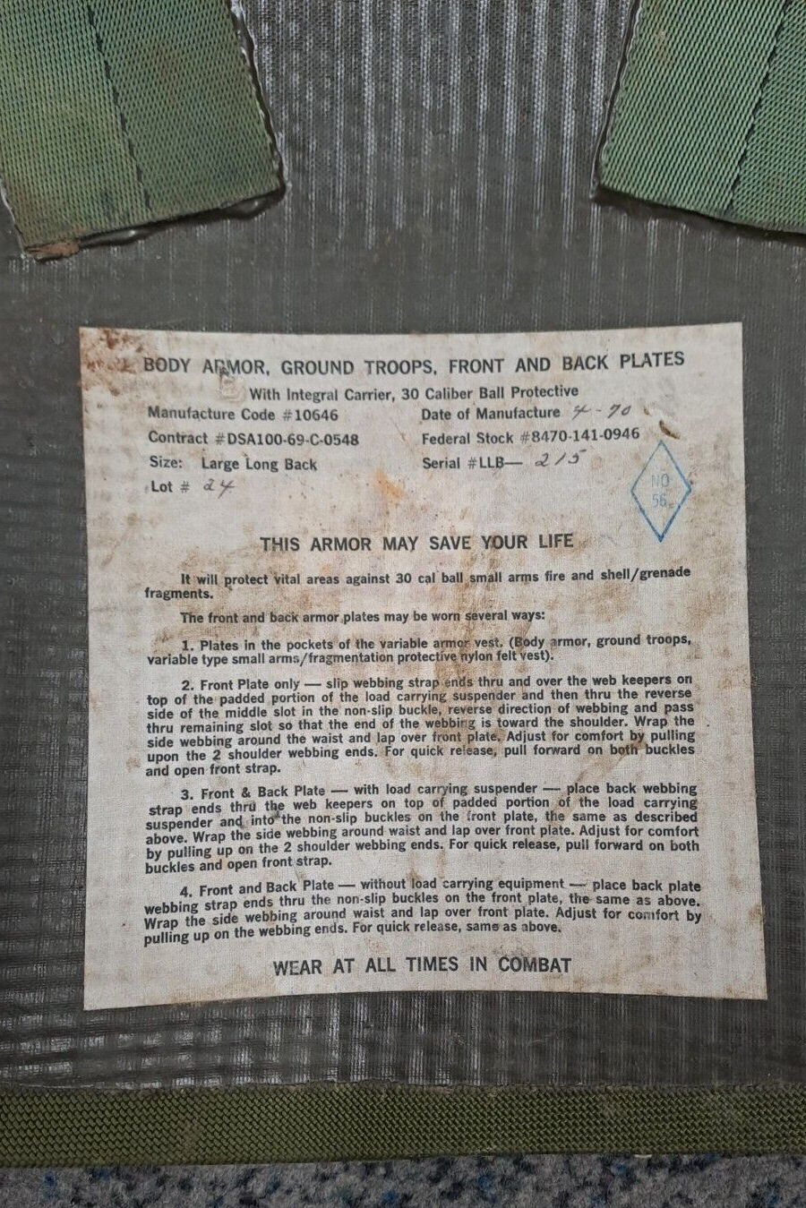 Rare US Army Military Vietnam Era Body Variable Armour Ground Troop Plates Set