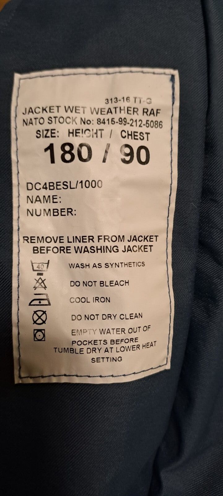 GENUINE BRITISH RAF WET WEATHER WATERPROOF BLUE JACKET COAT + LINER - 180/90