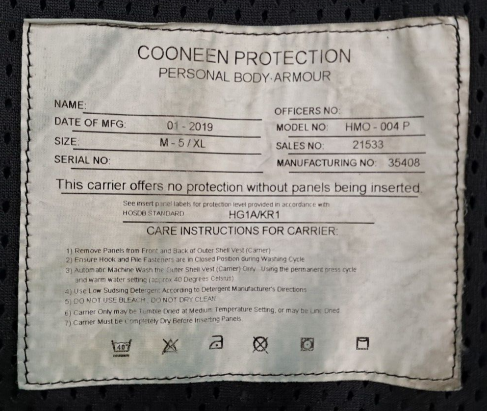 Genuine Ex Police Cooneen Protection Body Armour Vest Ballistic Hi Viz - XL