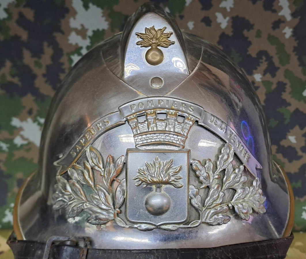Original Antique FRENCH SAPEURS POMPIERS FIREMAN’S HELMET Vendee Fire Service
