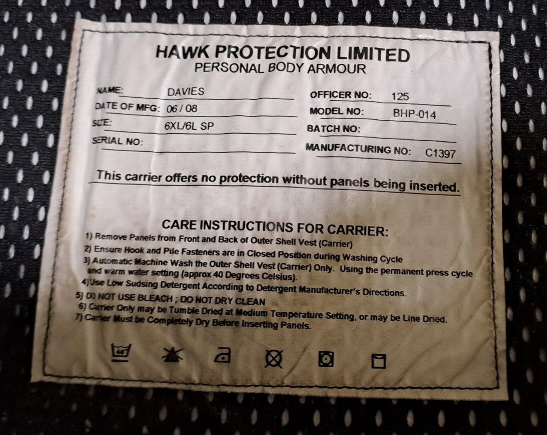 Genuine Ex Police Hawk Protection Body Armour Vest Ballistic Hi Viz - Medium