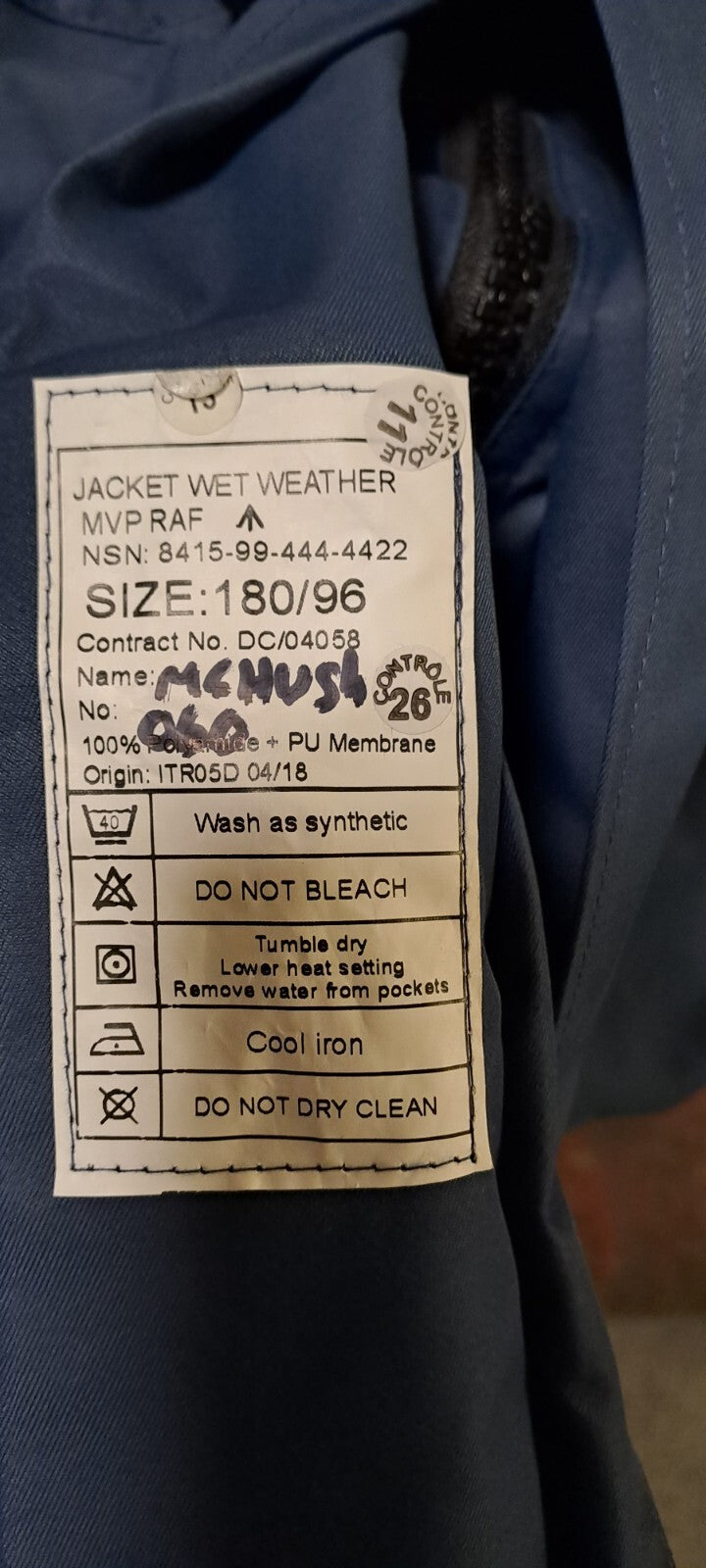 GENUINE BRITISH MILITARY RAF WET WEATHER WATERPROOF BLUE JACKET COAT - 180/96