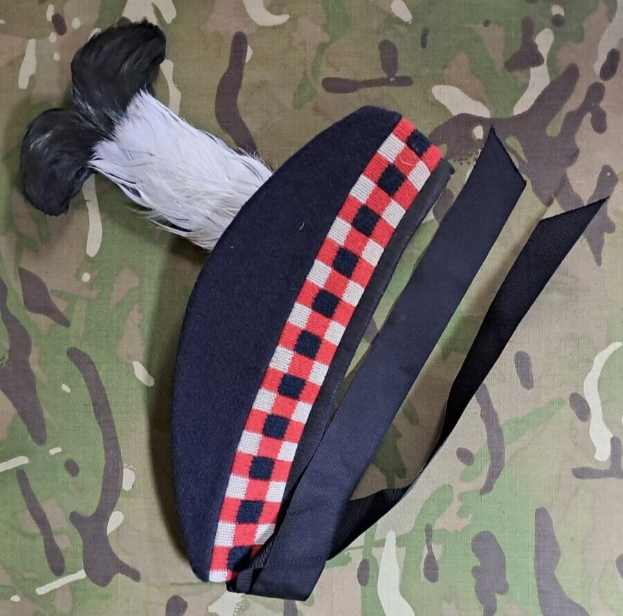 GENUINE GLENGARRY TRIPLE DICED HAT SCOTTISH PIPER HAT WITH HACKLE / BADGE - 57CM