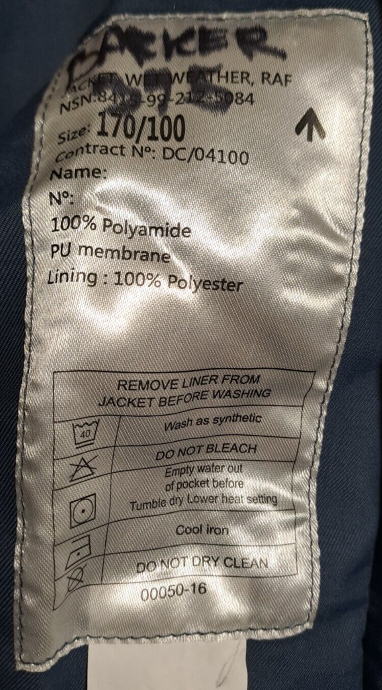 GENUINE BRITISH RAF WET WEATHER WATERPROOF BLUE JACKET COAT - 170/100