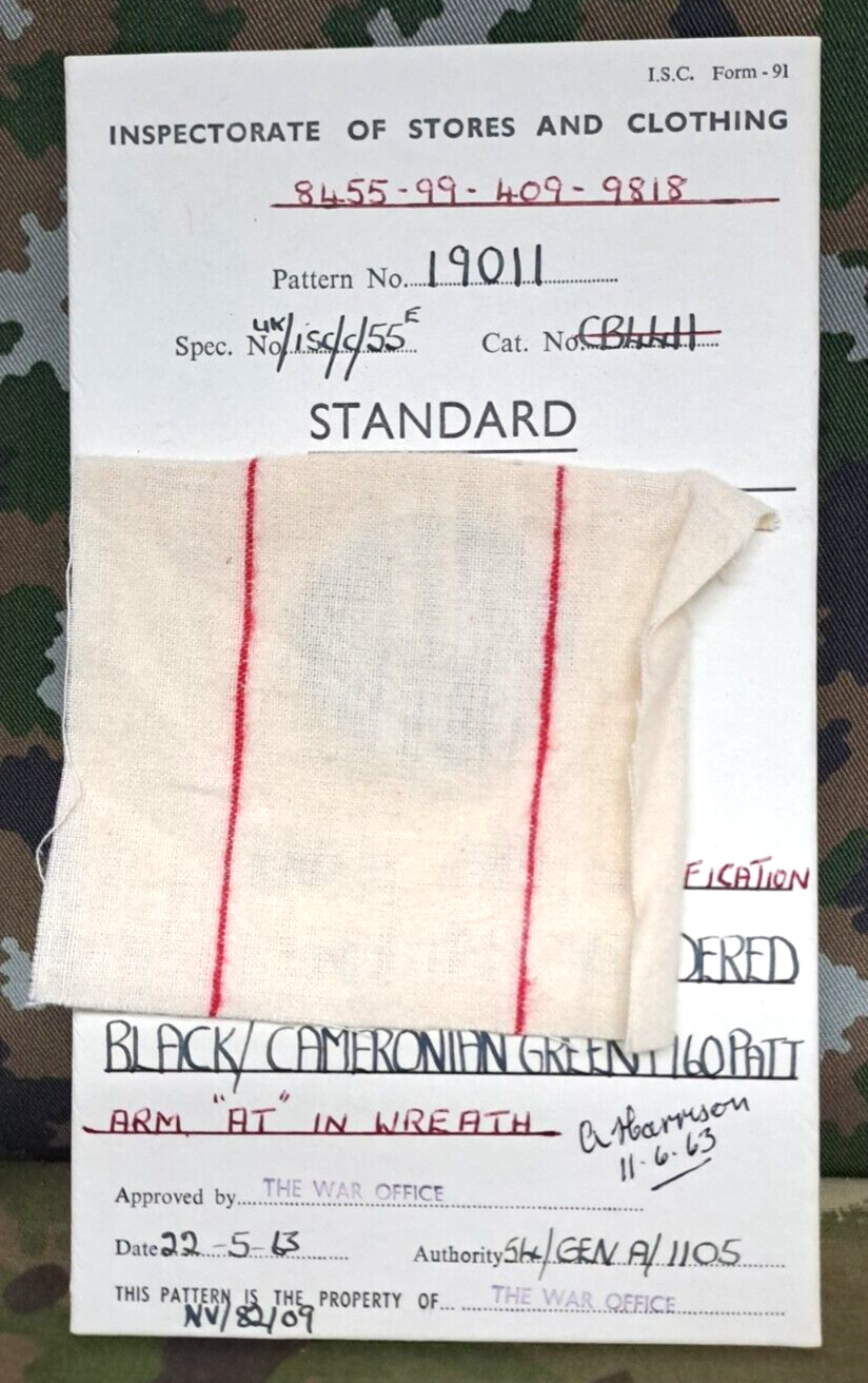 Genuine Vintage British Army Inspectorate of Stores Cloth Badge Sample Card 1963