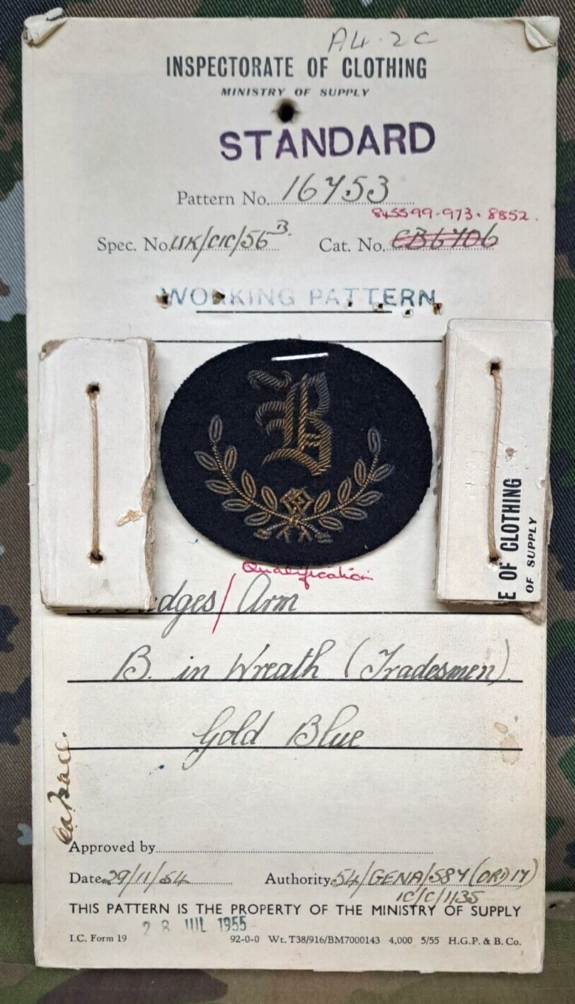 Genuine Vintage British Army Inspectorate of Stores Cloth Badge Sample Card 1954