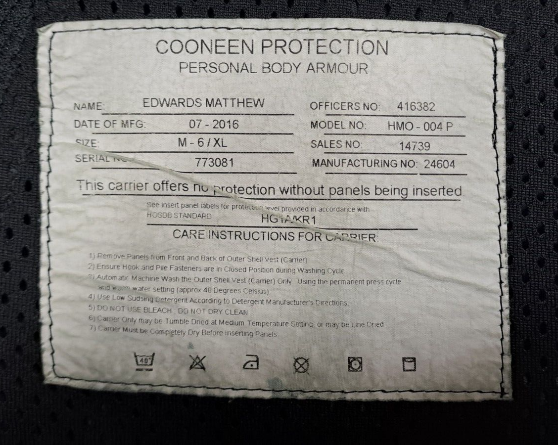 Genuine Ex Police Cooneen Protection Body Armour Vest Ballistic Hi Viz - XL