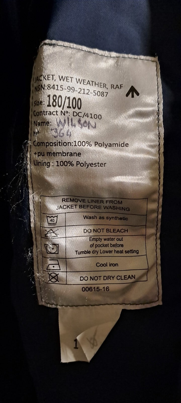GENUINE BRITISH RAF WET WEATHER WATERPROOF BLUE JACKET COAT + LINER - 180/100