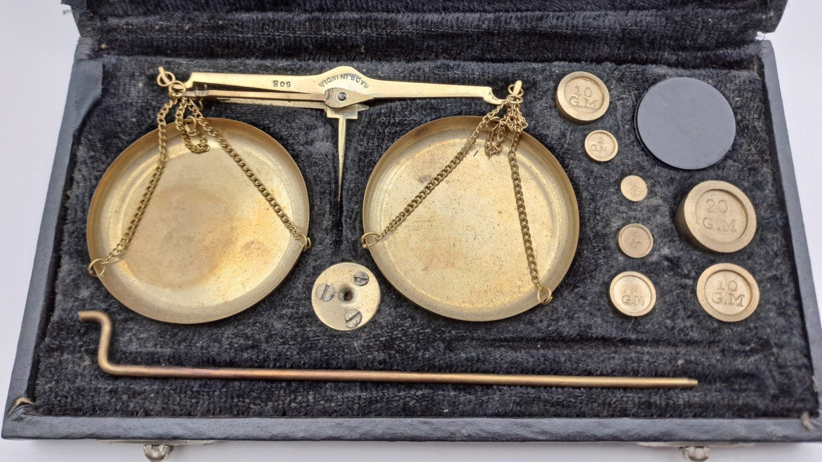 Set of Antique Vintage Style Brass Jewelry Scales & Black Velvet Box & Weights