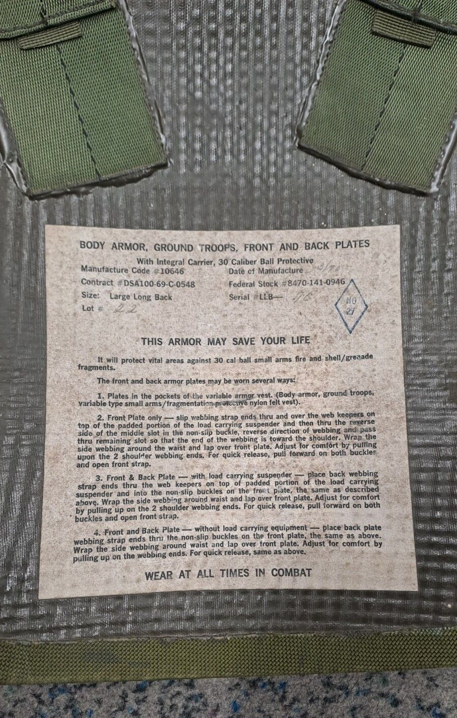 Rare US Army Military Vietnam Era Body Variable Armour Ground Troop Back Plate