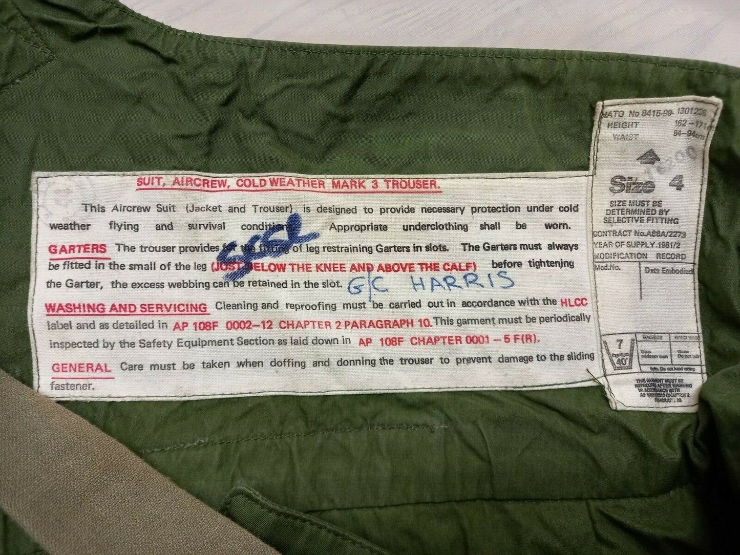 Original Vintage Issue Aircrew Jet Pilot Olive Green Cold Weather MK3 Trousers