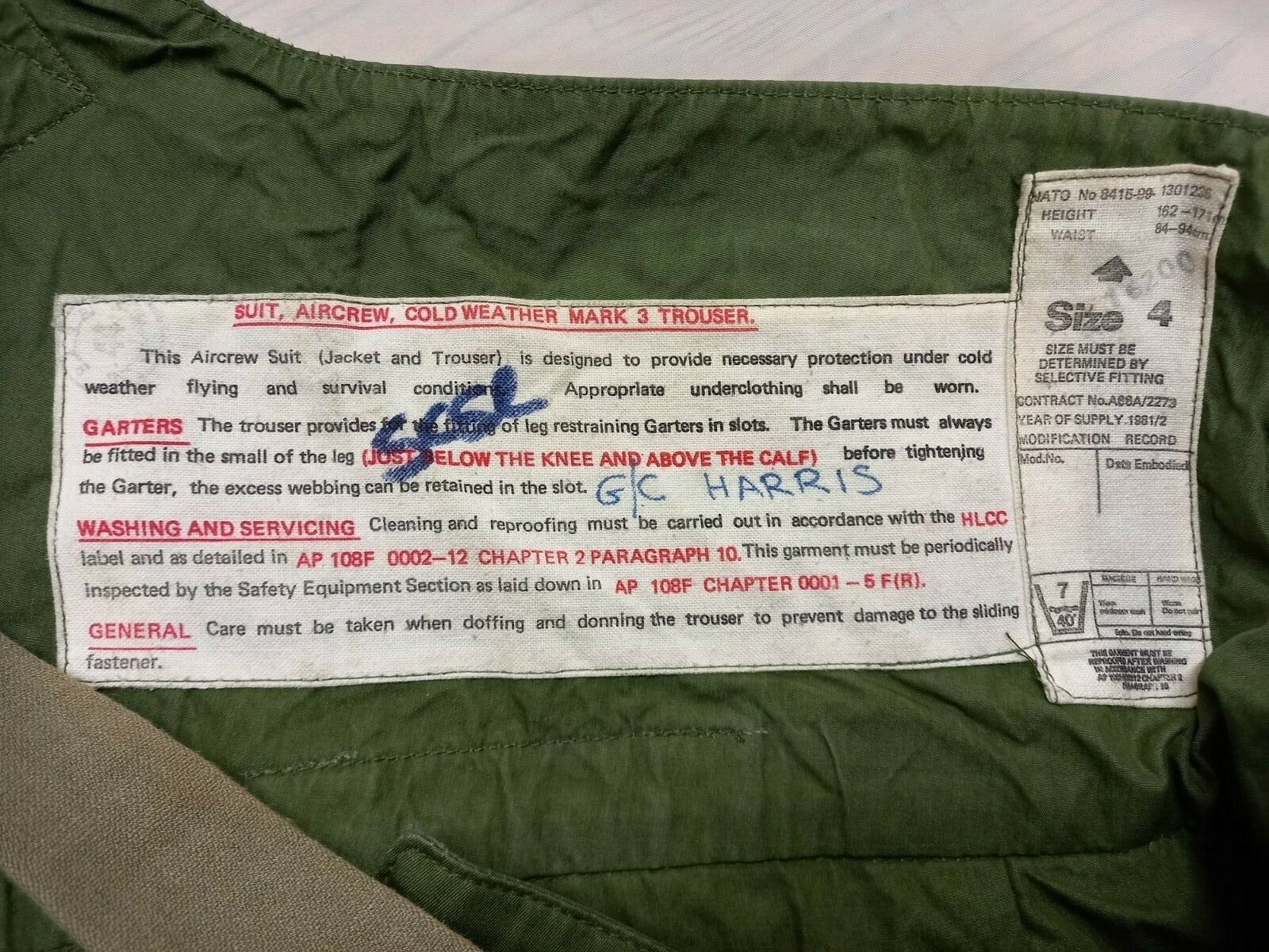 Original Vintage Issue Aircrew Jet Pilot Olive Green Cold Weather MK3 Trousers