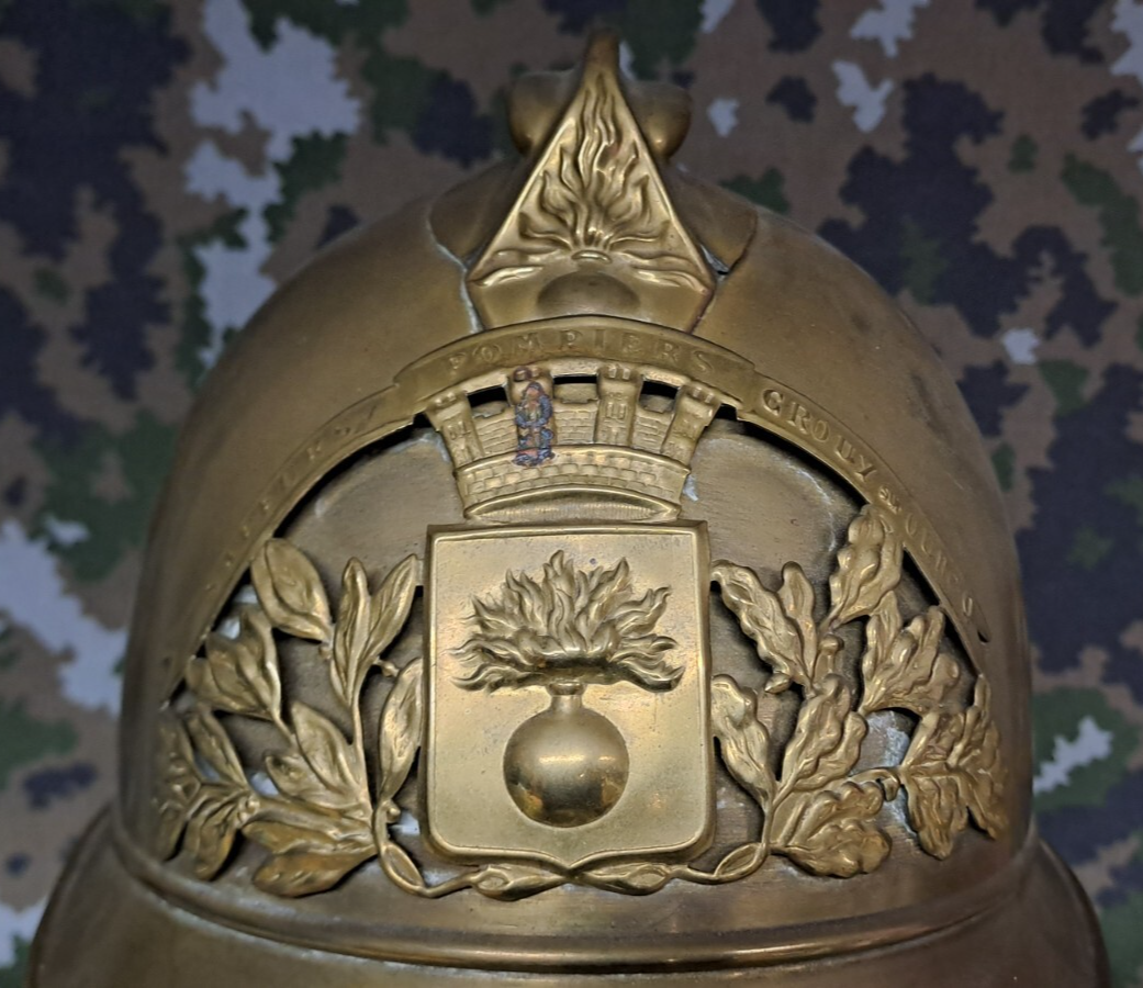 Antique FRENCH SAPEURS POMPIERS FIREMAN’S HELMET Crouy sur Ourcq Fire Service