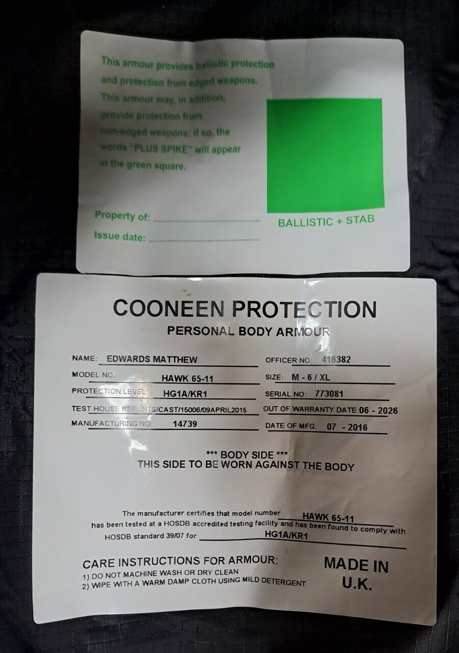 Genuine Ex Police Cooneen Protection Body Armour Vest Ballistic Hi Viz - XL