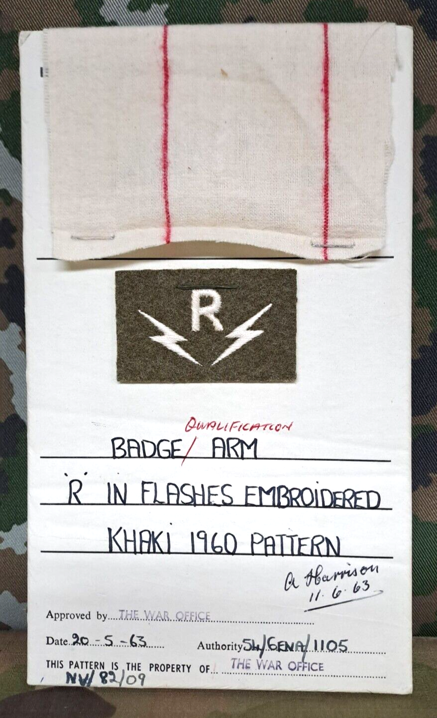 Genuine Vintage British Army Inspectorate of Stores Cloth Badge Sample Card 1963