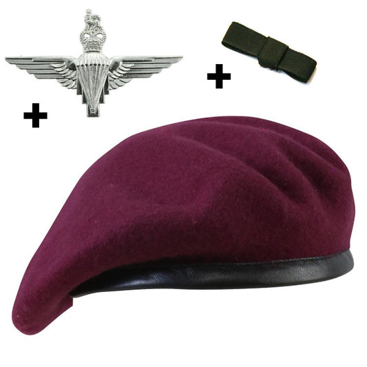 THE PARACHUTE REGIMENT MAROON BERET SET WITH OPTIONAL CAP BADGE AND BOW 55-60