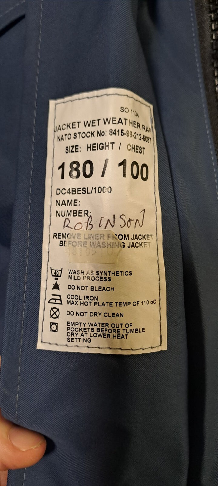 GENUINE BRITISH RAF WET WEATHER WATERPROOF BLUE JACKET COAT - 180/100