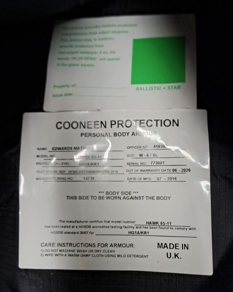 Genuine Ex Police Cooneen Protection Body Armour Vest Ballistic Hi Viz - XL