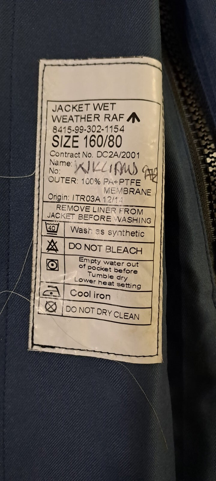 GENUINE BRITISH RAF WET WEATHER WATERPROOF BLUE JACKET COAT & LINER - 160/80