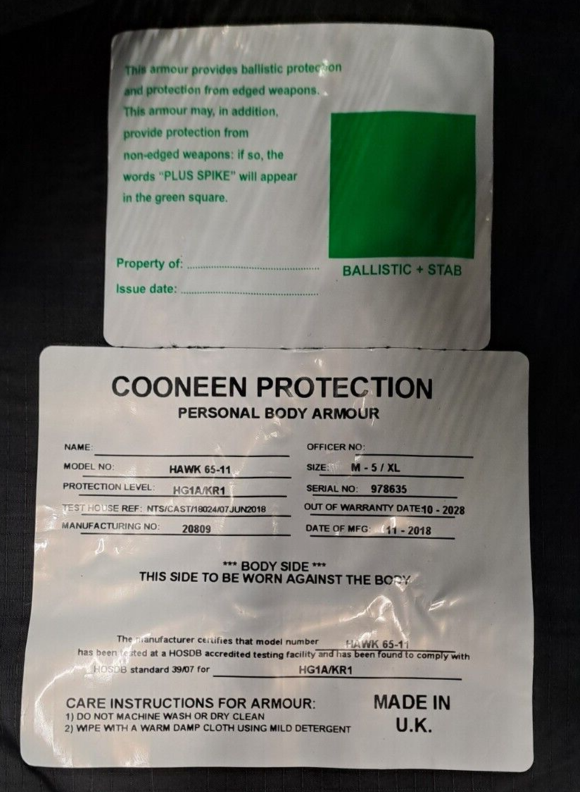 Genuine Ex Police Cooneen Protection Body Armour Vest Ballistic Hi Viz - XL