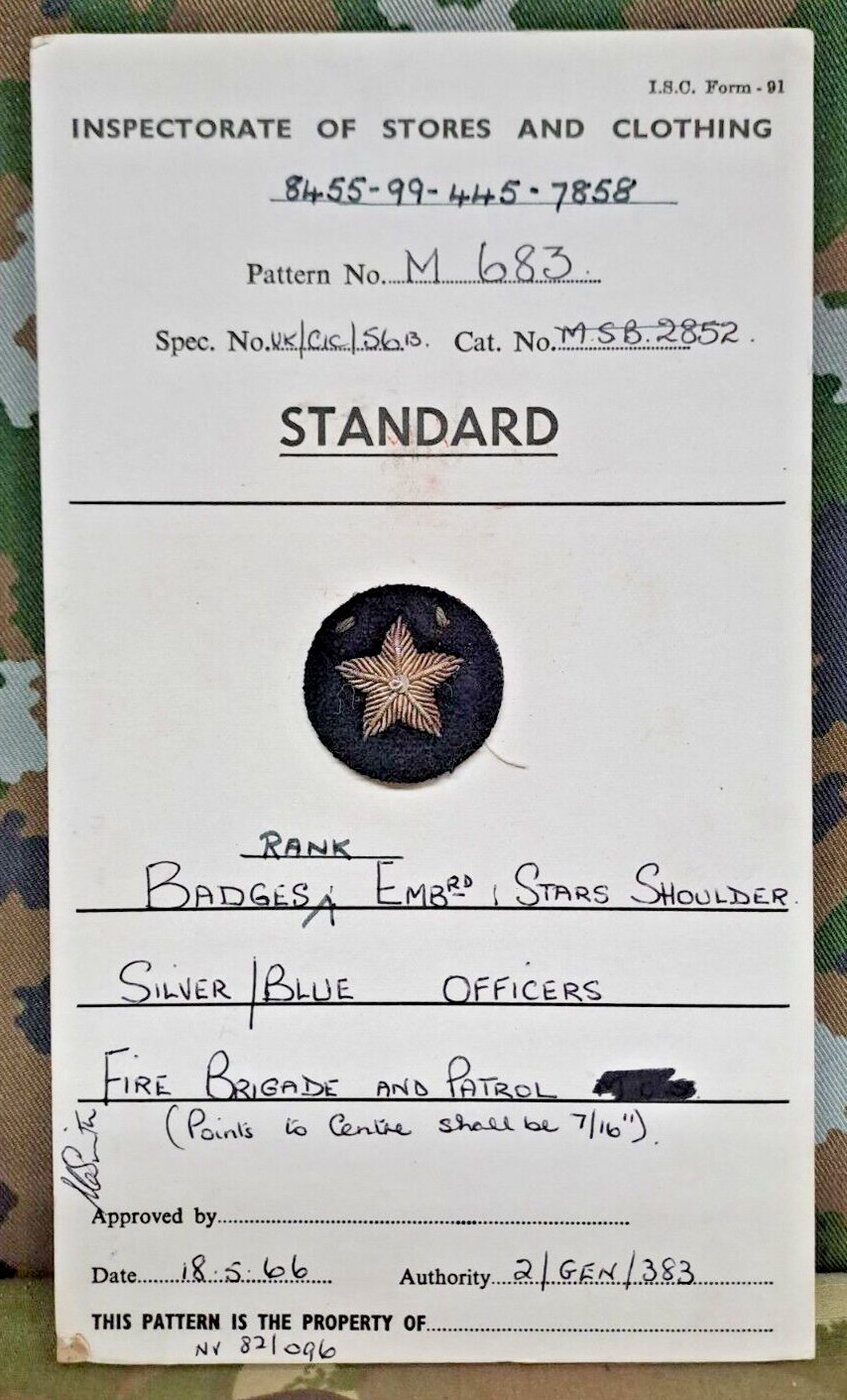 Genuine Vintage British Army Inspectorate of Stores Cloth Badge Sample Card 1966