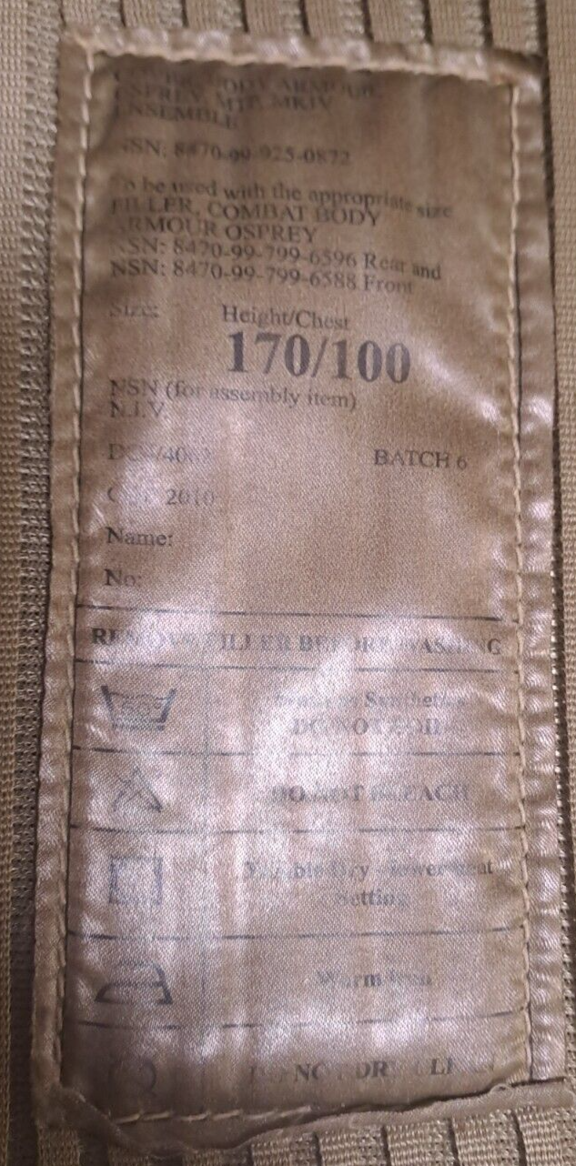 Genuine British Army Military SAS Osprey Ballistic Vest & Soft Kev lar Fillers