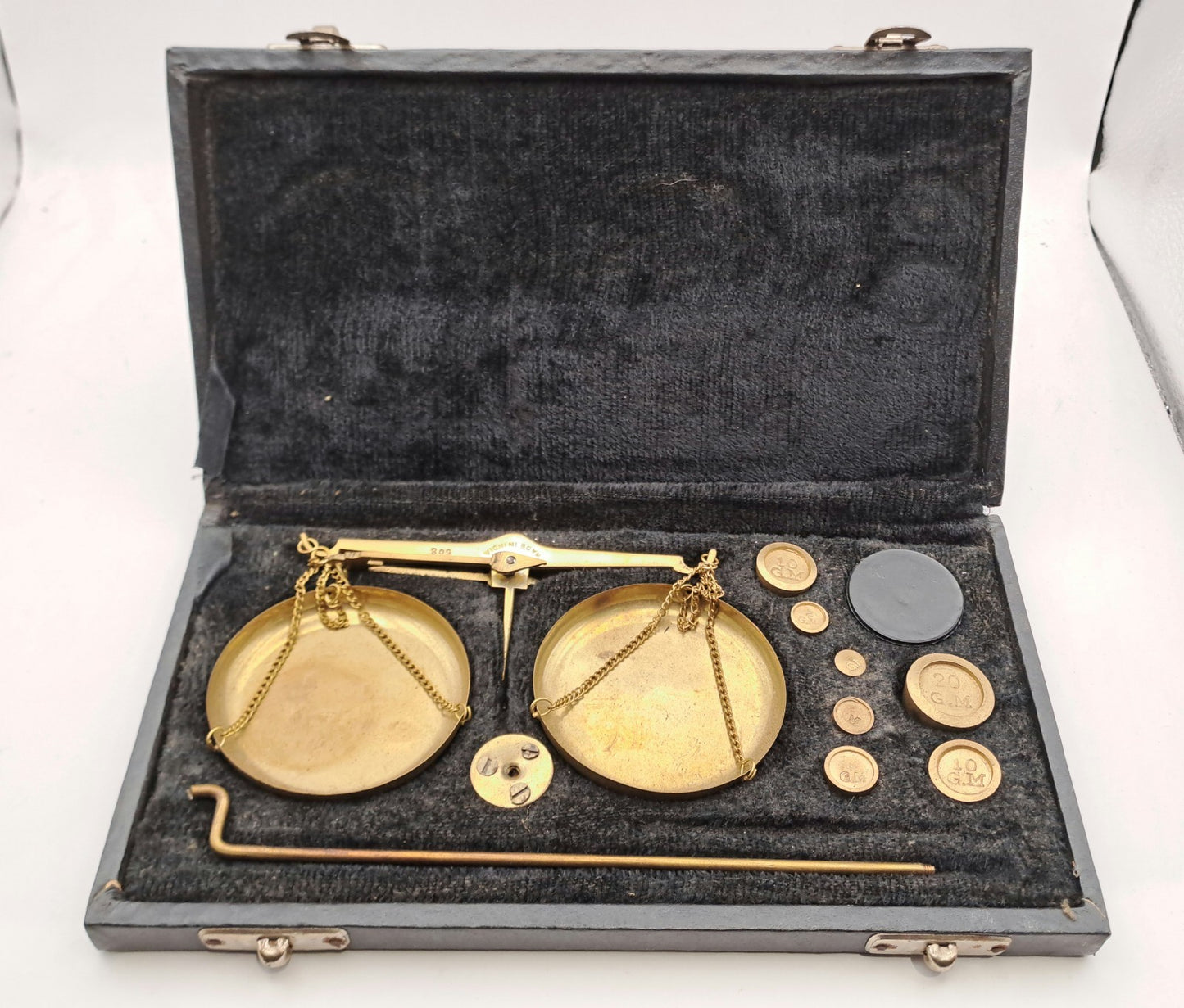 Set of Antique Vintage Style Brass Jewelry Scales & Black Velvet Box & Weights