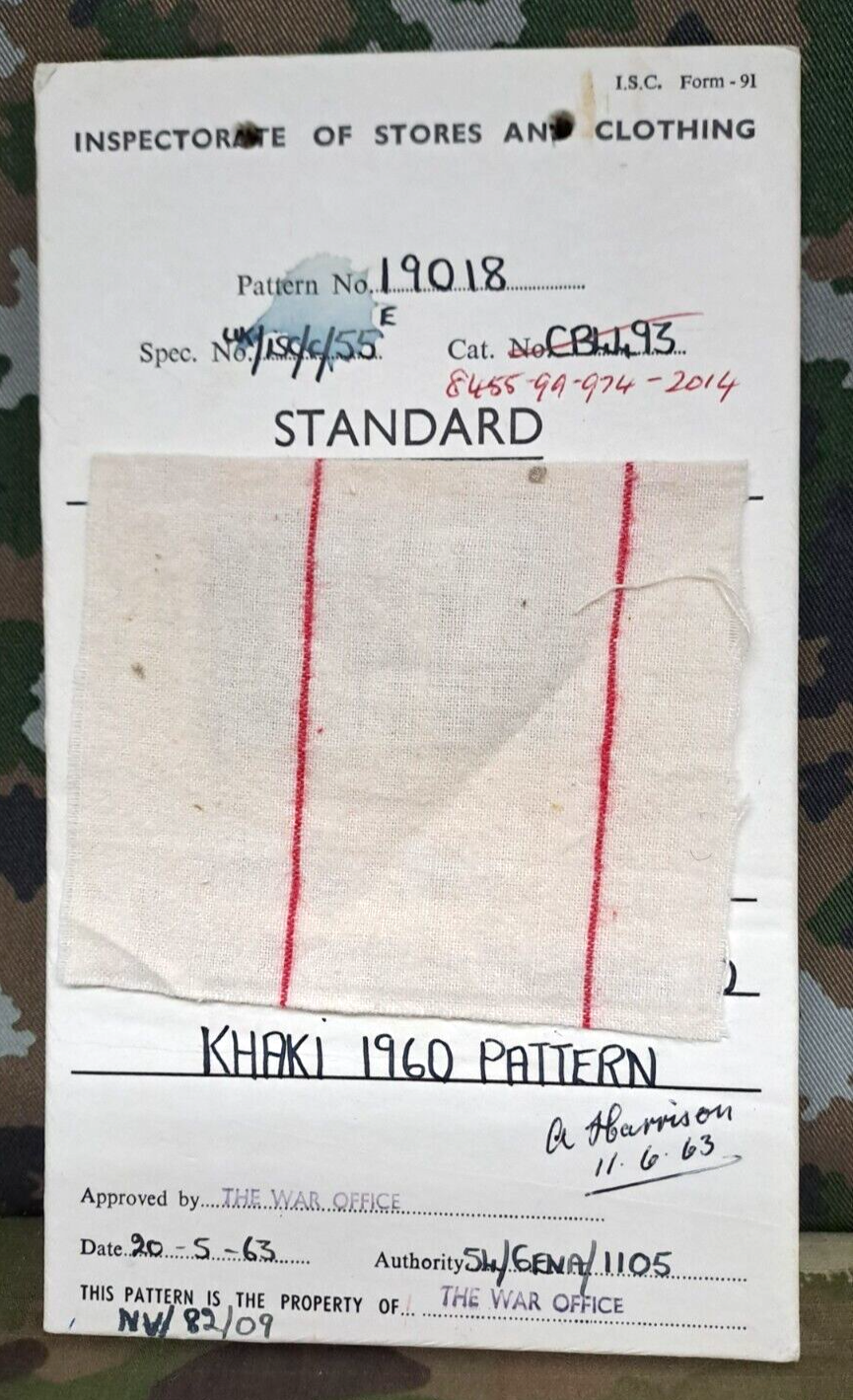 Genuine Vintage British Army Inspectorate of Stores Cloth Badge Sample Card 1963