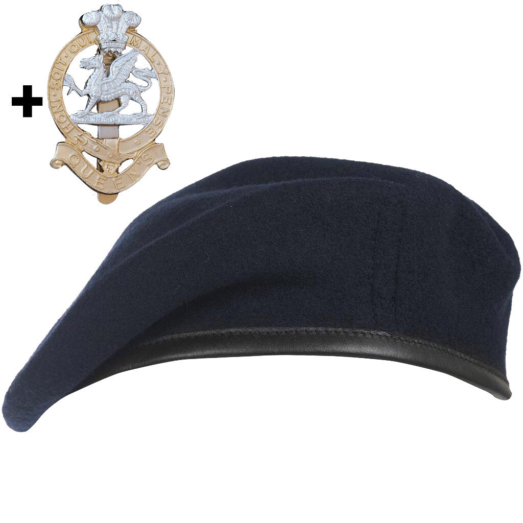 THE QUEEN'S REGIMENT NAVY BLUE BERET SET WITH OPTIONAL CAP BADGE 55-60