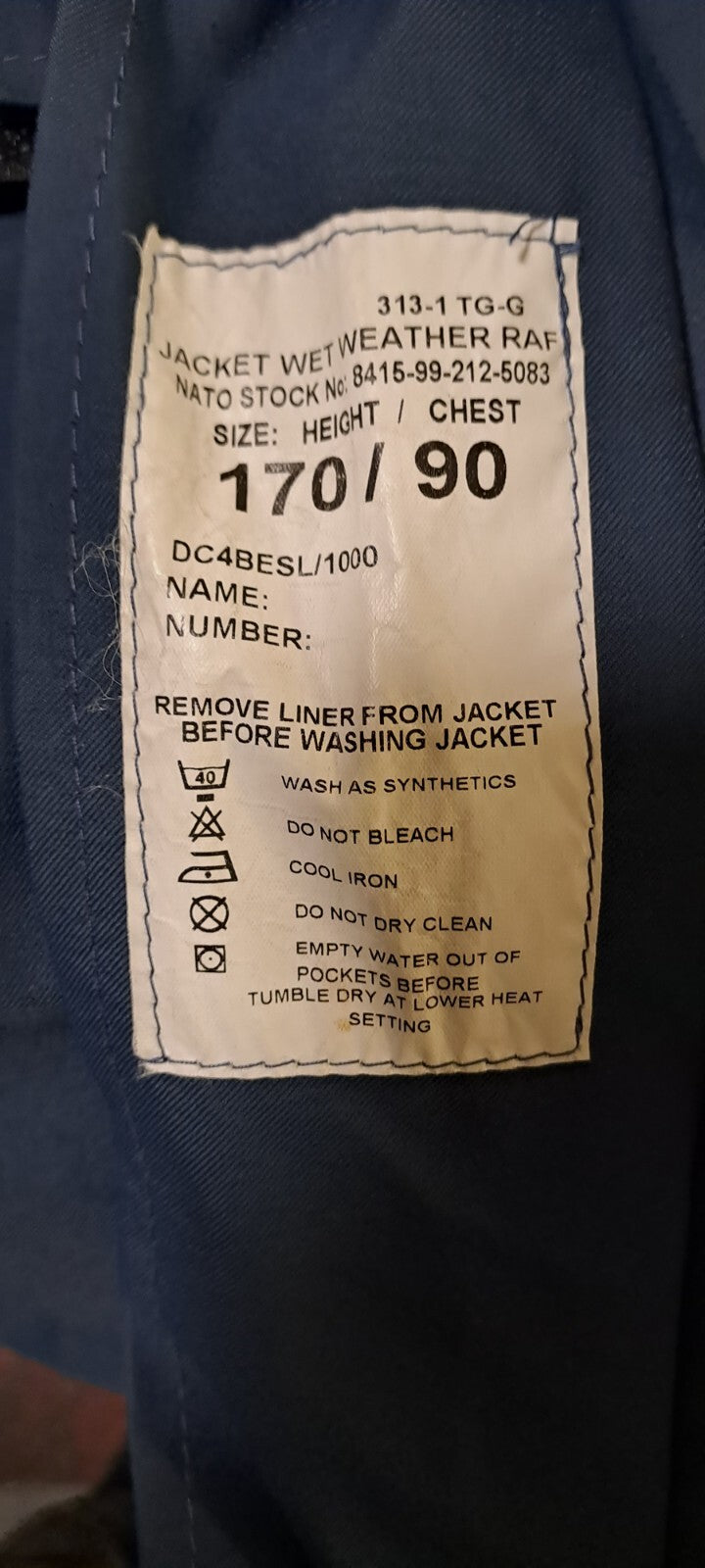 GENUINE BRITISH RAF WET WEATHER WATERPROOF BLUE JACKET COAT - 170/90
