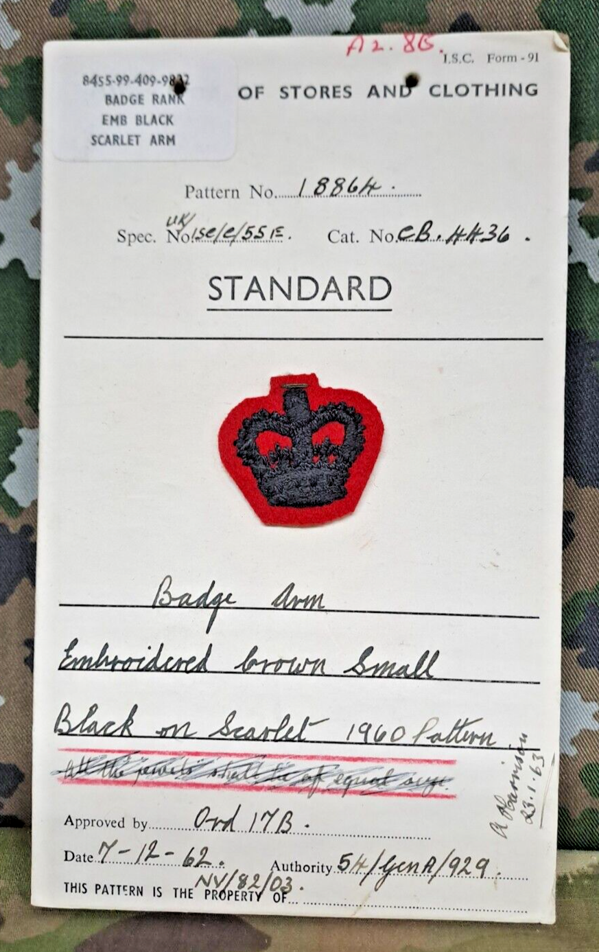 Genuine Vintage British Army Inspectorate of Stores Cloth Badge Sample Card 1962